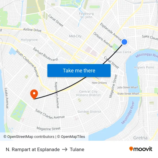 N. Rampart at Esplanade to Tulane map