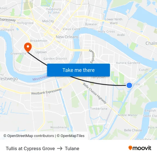 Tullis at Cypress Grove to Tulane map