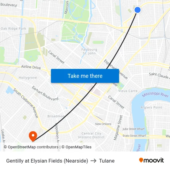 Gentilly at Elysian Fields (Nearside) to Tulane map