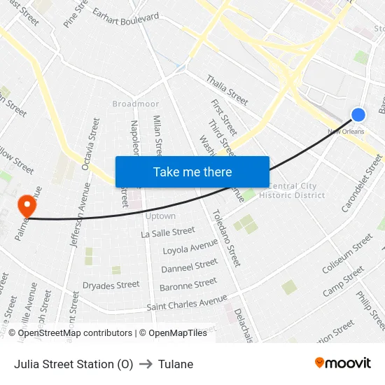 Julia Street Station (O) to Tulane map