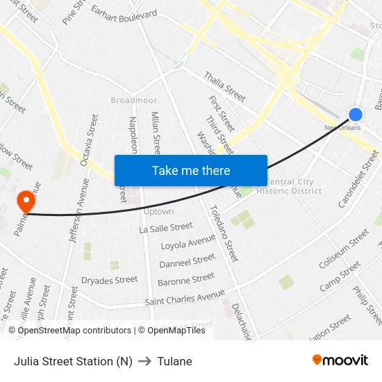 Julia Street Station (N) to Tulane map