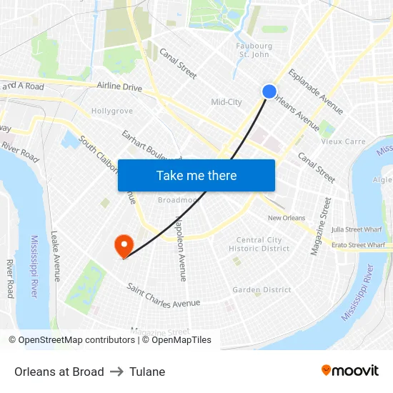 Orleans at Broad to Tulane map