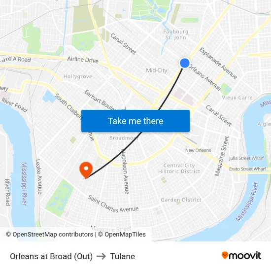 Orleans at Broad (Out) to Tulane map