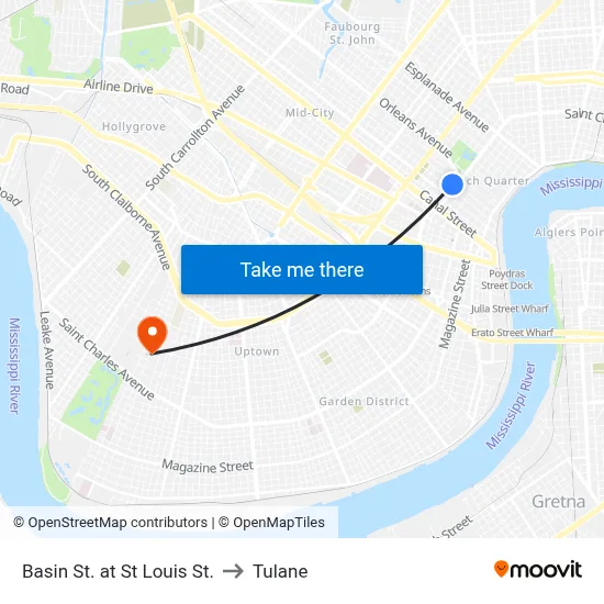 Basin St. at St Louis St. to Tulane map
