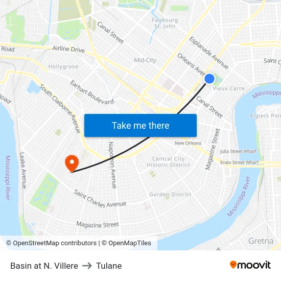 Basin at N. Villere to Tulane map