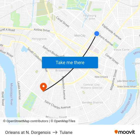Orleans at N. Dorgenois to Tulane map