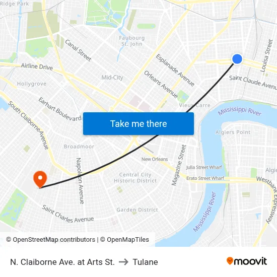 N. Claiborne Ave. at Arts St. to Tulane map