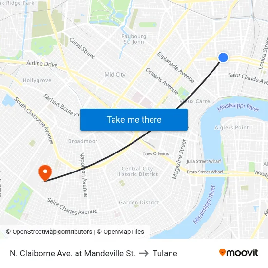 N. Claiborne Ave. at Mandeville St. to Tulane map