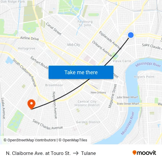 N. Claiborne Ave. at Touro St. to Tulane map