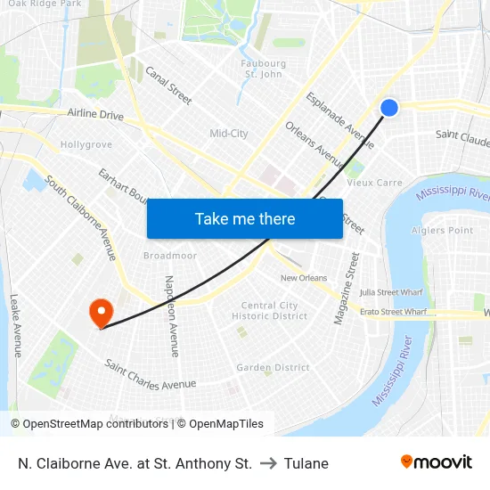N. Claiborne Ave. at St. Anthony St. to Tulane map