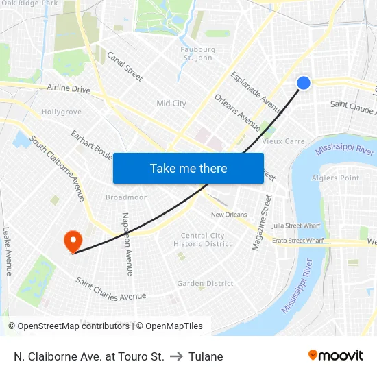 N. Claiborne Ave. at Touro St. to Tulane map