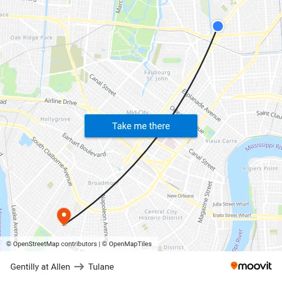 Gentilly at Allen to Tulane map