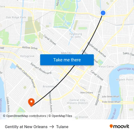 Gentilly at New Orleans to Tulane map