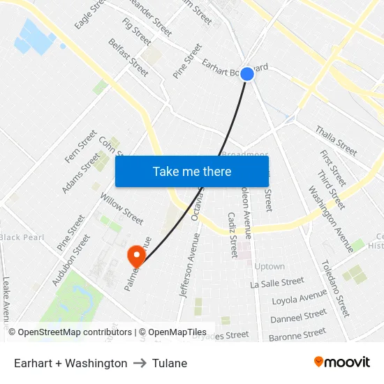 Earhart + Washington to Tulane map
