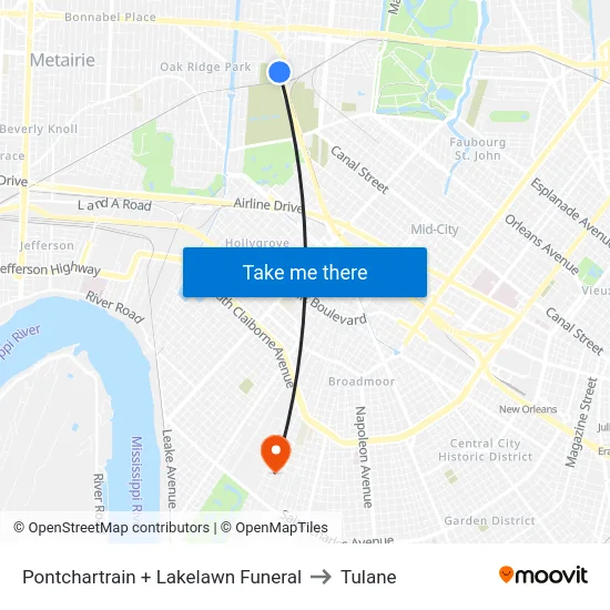 Pontchartrain + Lakelawn Funeral to Tulane map