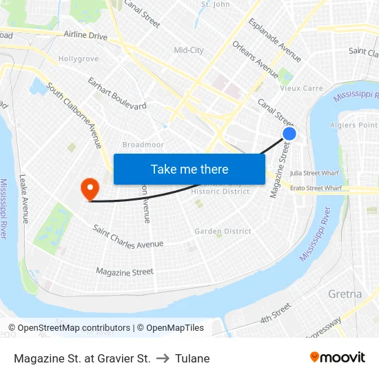 Magazine St. at Gravier St. to Tulane map