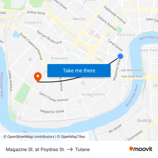 Magazine St. at Poydras St. to Tulane map