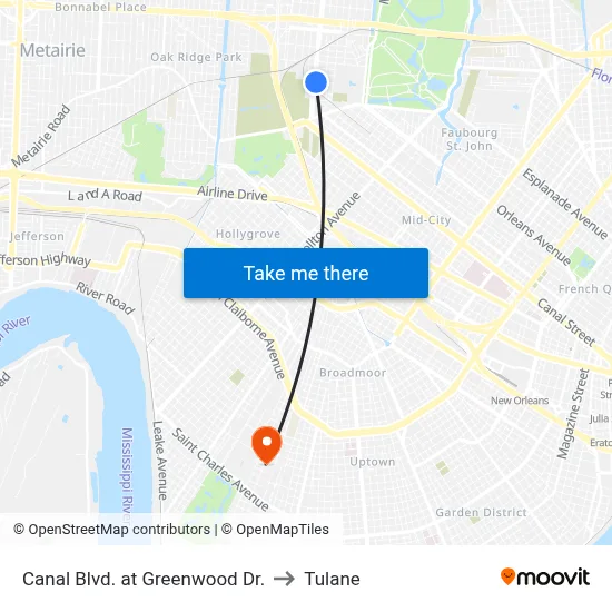 Canal Blvd. at Greenwood Dr. to Tulane map