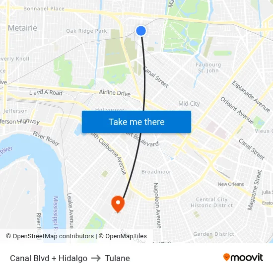 Canal Blvd + Hidalgo to Tulane map
