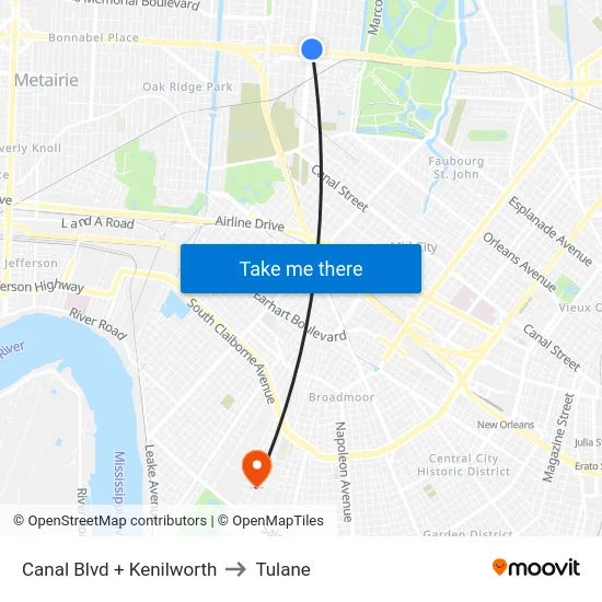 Canal Blvd + Kenilworth to Tulane map