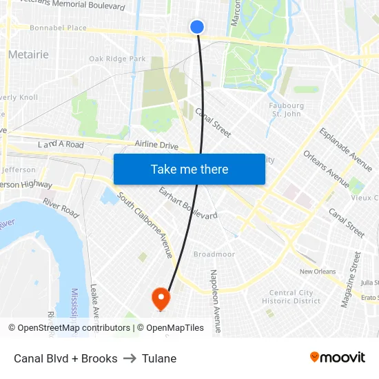 Canal Blvd + Brooks to Tulane map