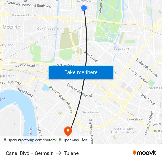 Canal Blvd + Germain to Tulane map
