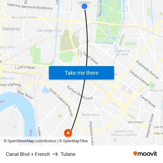 Canal Blvd + French to Tulane map