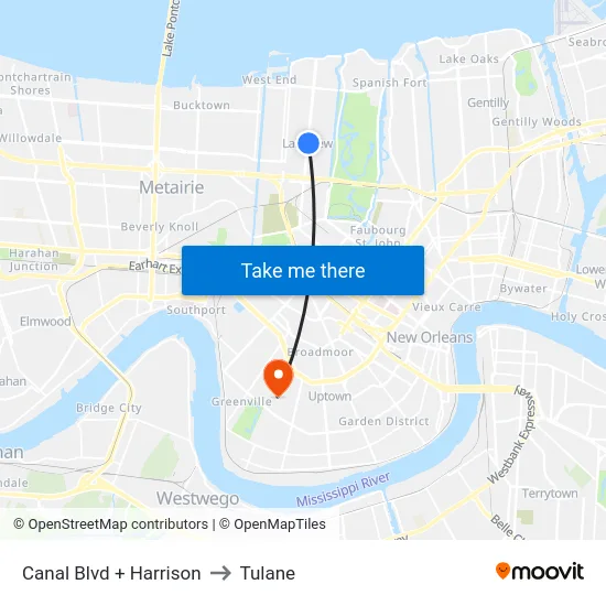 Canal Blvd + Harrison to Tulane map