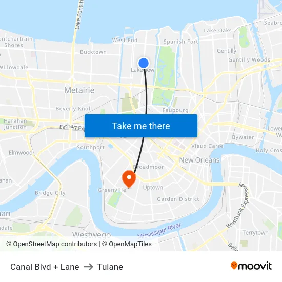 Canal Blvd + Lane to Tulane map