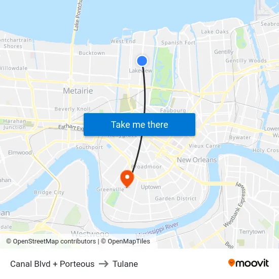 Canal Blvd + Porteous to Tulane map