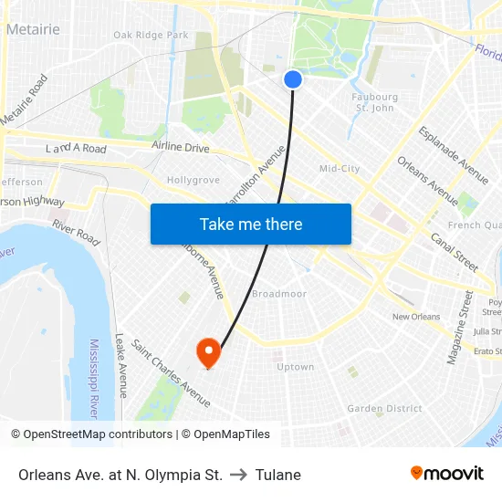 Orleans Ave. at N. Olympia St. to Tulane map