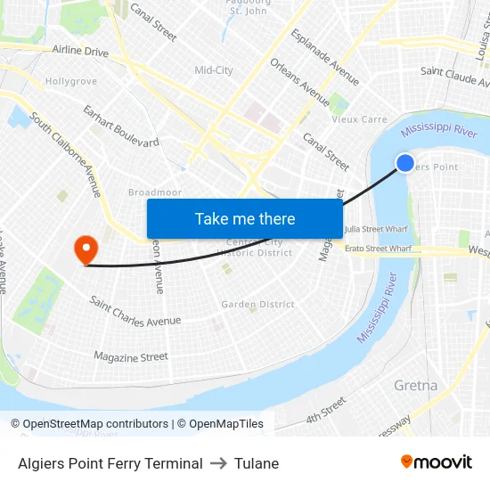 Algiers Point Ferry Terminal to Tulane map