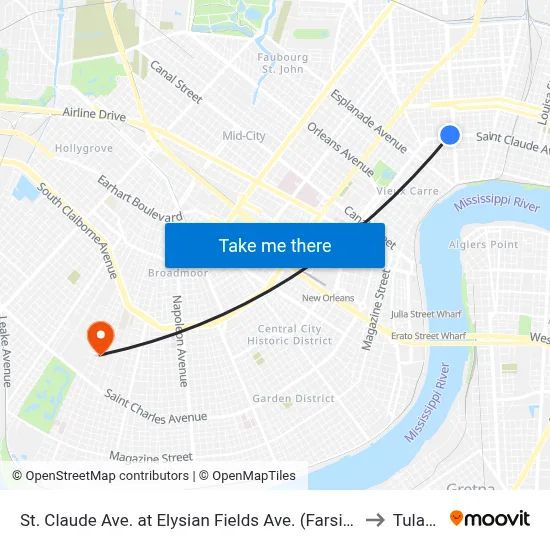 St. Claude Ave. at Elysian Fields Ave. (Farside) to Tulane map