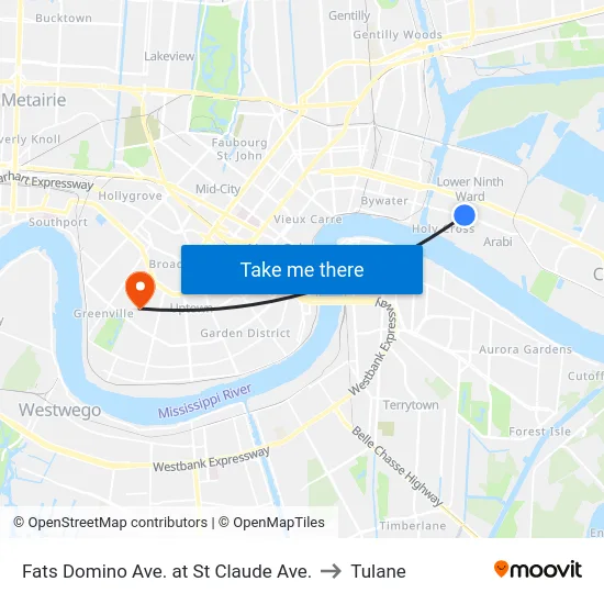 Fats Domino Ave. at St Claude Ave. to Tulane map