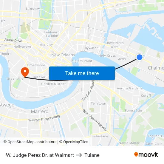 W. Judge Perez Dr. at Walmart to Tulane map
