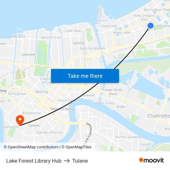 Lake Forest Library Hub to Tulane map