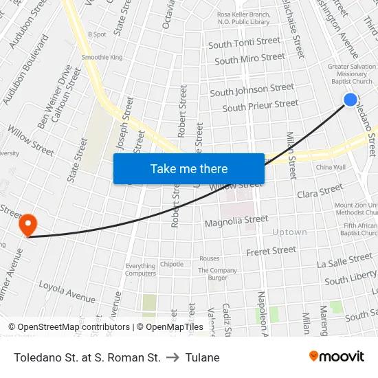 Toledano St. at S. Roman St. to Tulane map