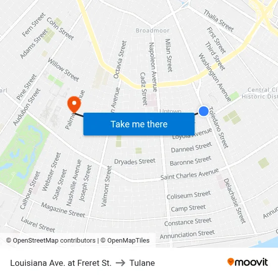 Louisiana Ave. at Freret St. to Tulane map