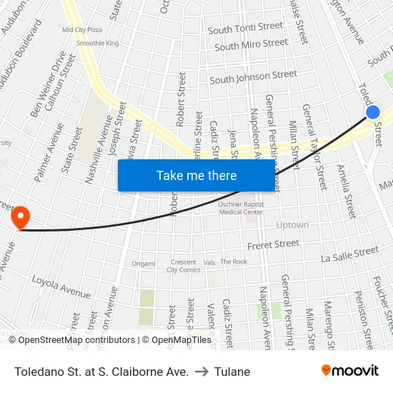 Toledano St. at S. Claiborne Ave. to Tulane map