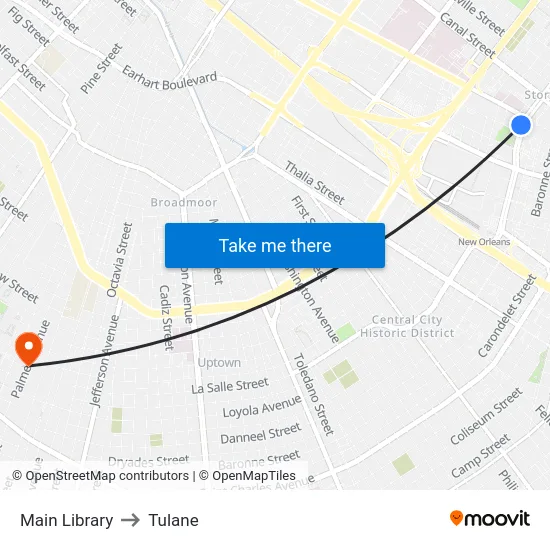 Main Library to Tulane map