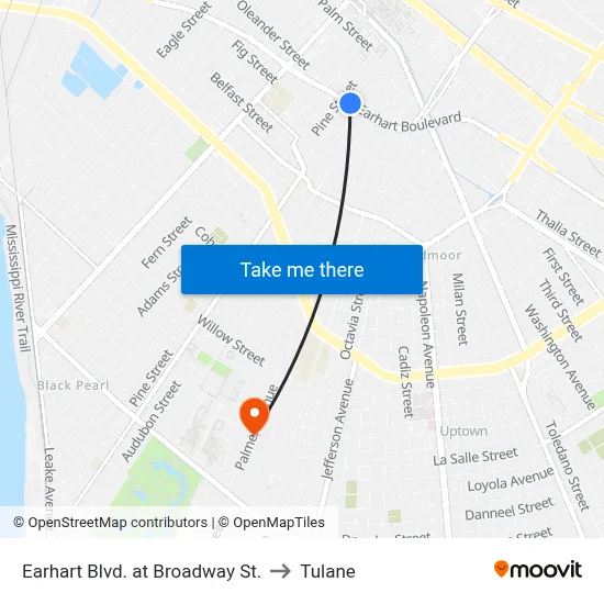 Earhart Blvd. at Broadway St. to Tulane map