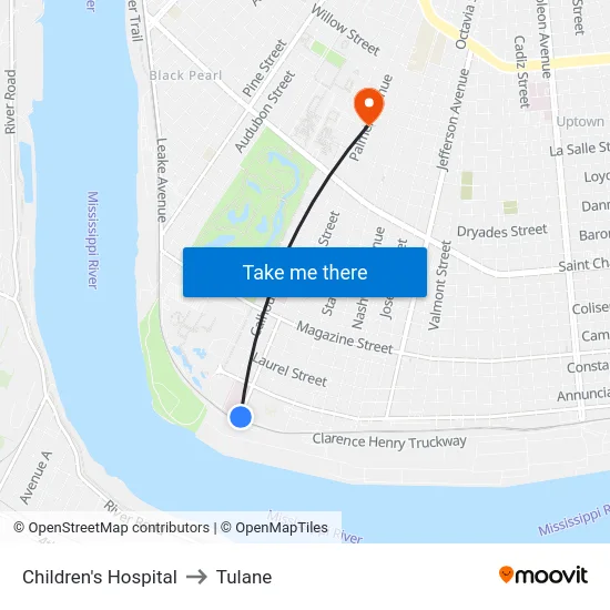 Children's Hospital to Tulane map