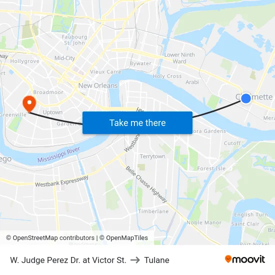 W. Judge Perez Dr. at Victor St. to Tulane map