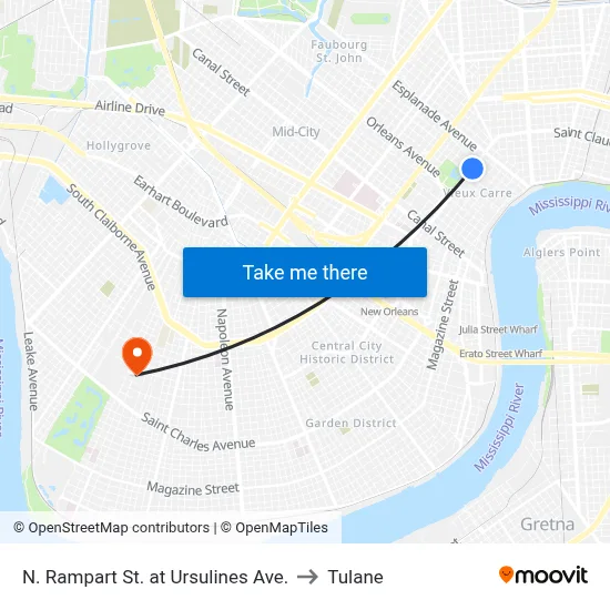 N. Rampart St. at Ursulines Ave. to Tulane map