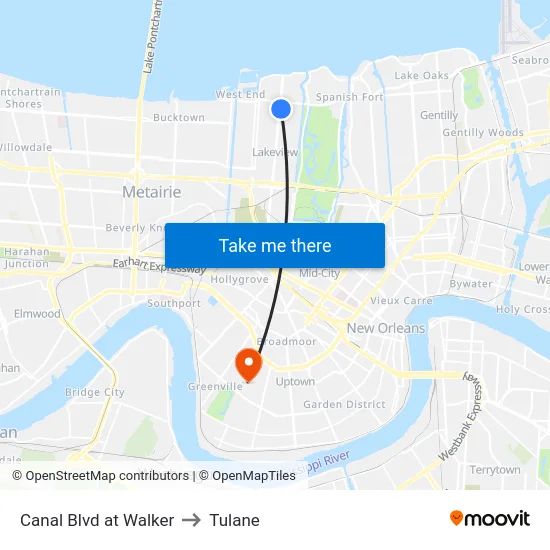Canal Blvd at Walker to Tulane map