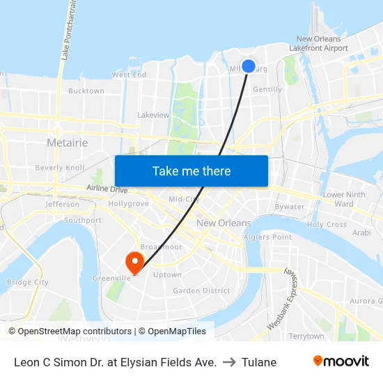 Leon C Simon Dr. at Elysian Fields Ave. to Tulane map