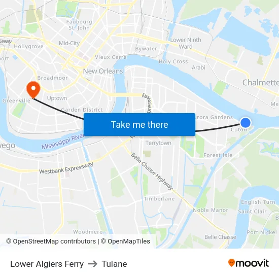 Lower Algiers Ferry to Tulane map