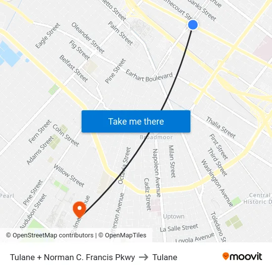 Tulane + Norman C. Francis Pkwy to Tulane map