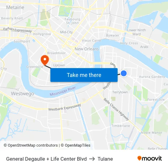 General Degaulle + Life Center Blvd to Tulane map