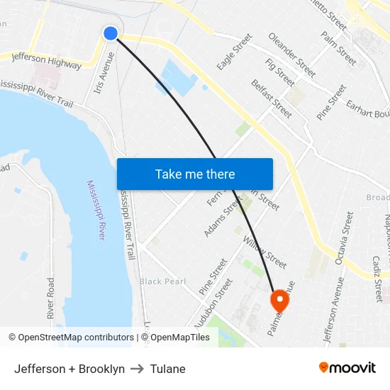 Jefferson + Brooklyn to Tulane map